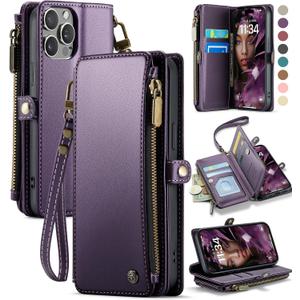 Defencase Compatible with iPhone 14 Pro Case Wallet with RFID Blocking Card Holder for Women Men, Soft PU Leather Magnetic Snap Flip Zipper Strap Wallet Phone Case Fit for iPhone 14 Pro 6.1", Purple