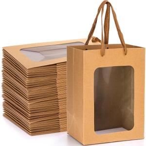 ZENFUN 30 Packs Brown Gift Bags with Handles Valentine's, Kraft Shopping Bags with Transparent Window, 9.8 x 7.1 x 5.1 inch Paper Gift Bags for Thanksgiving Christmas Birthday Wedding