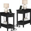 Treocho End Tables Living Room Set of 2, Narrow Side Table with Charging Station, White Sofa Bedside Table for Small Spaces, Living Room, Bedroom (Black)