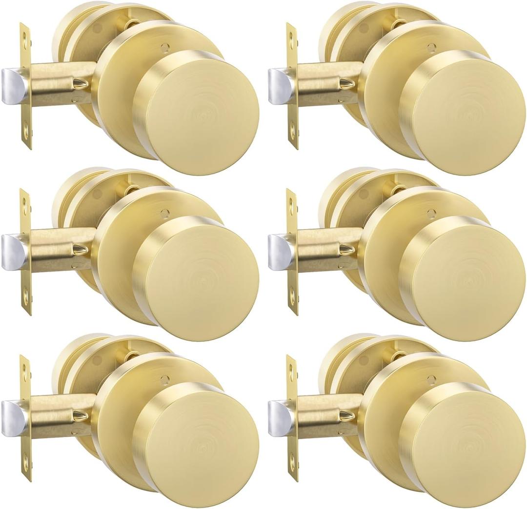 Goldenwarm Gold Door Knobs Interior, Zinc Alloy Brushed Gold Privacy Door Knobs, Interior Door Knobs for Bedroom, Bathroom, Brushed Brass Indoor Door Knobs, Heavy Duty Round Ball (6 Pack)