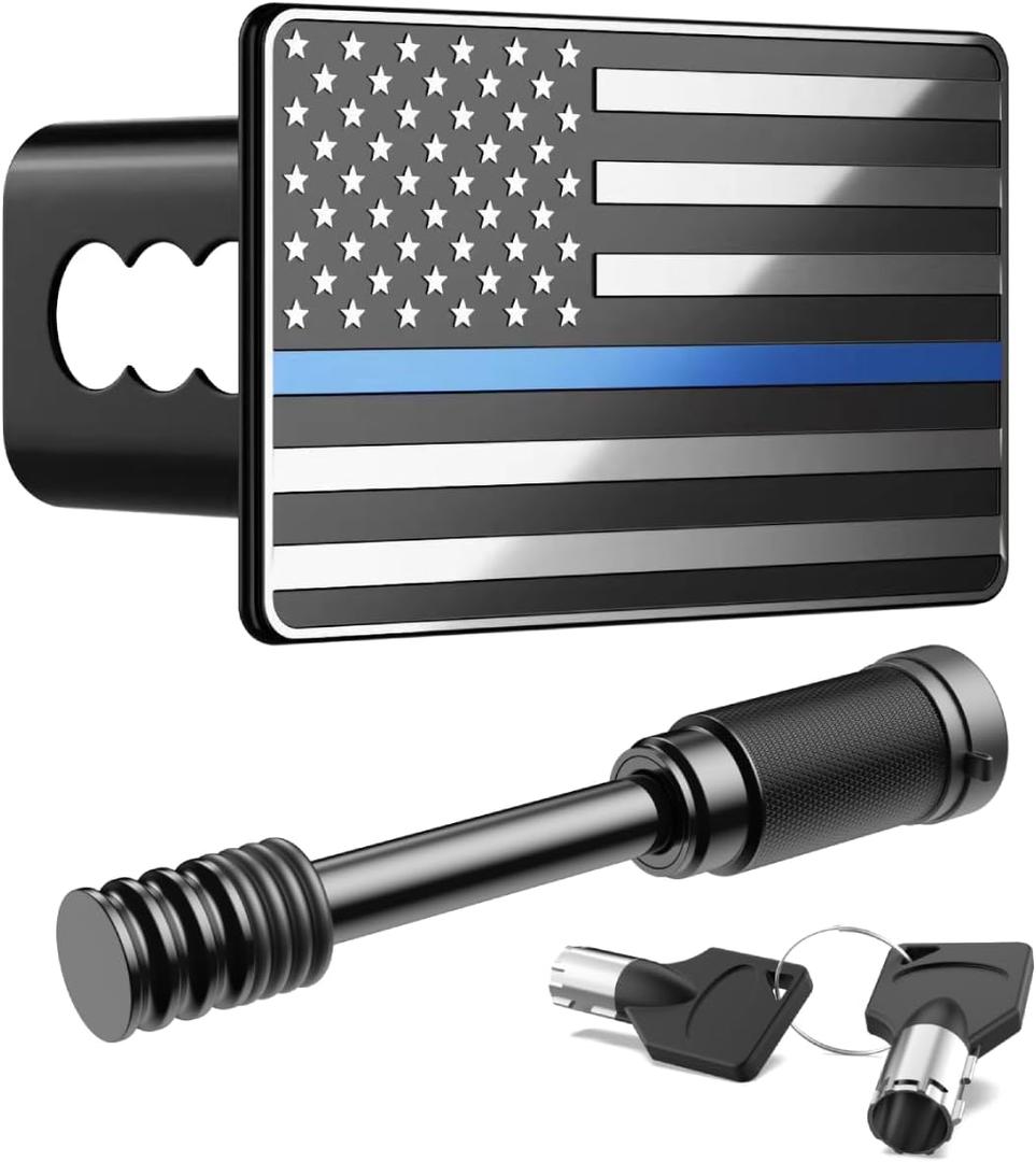 Heavy American Flag Metal Trailer Hitch Cover for 2 inch Receivers, Tow Hitch Covers 2 Inch for Truck Accessories with 5/8-Inch Pin Diameter Trailer Hitch Lock, Silver Blue