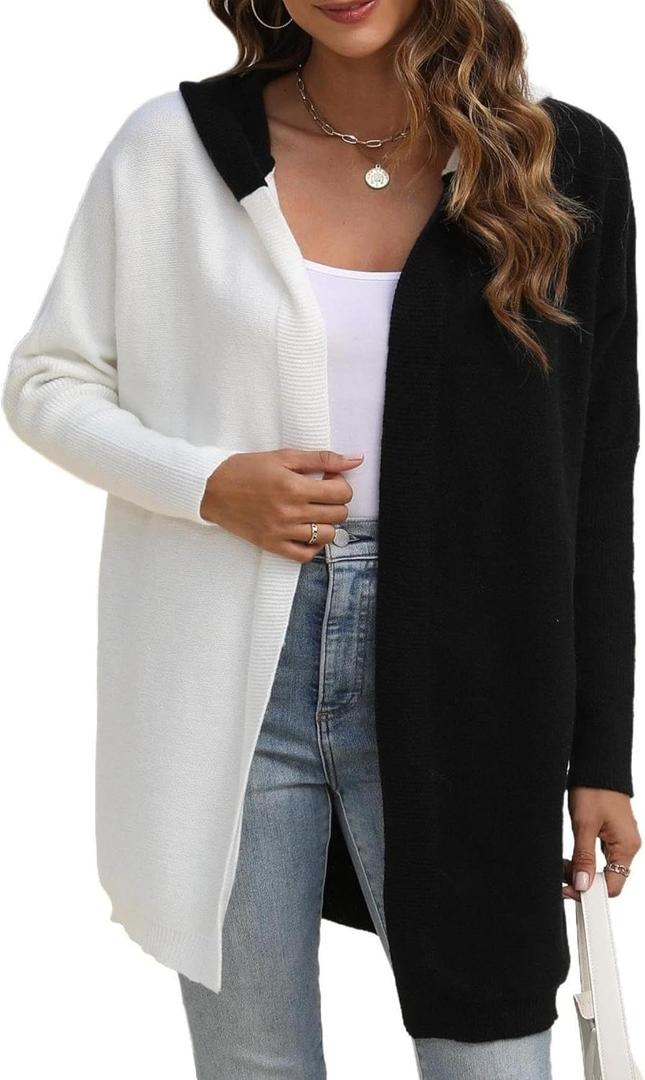 Womens Hooded Long Cardigan Color Block Open Front Knit Cardigan Oversized Lightweight Knit Sweater Outwear (S)