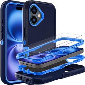for iPhone 16 Case, Military Grade 3 in 1 Heavy Duty Shockproof/Drop Proof/Dust Proof Case with 2Pcs Tempered Glass Screen Protector (Navy Blue)