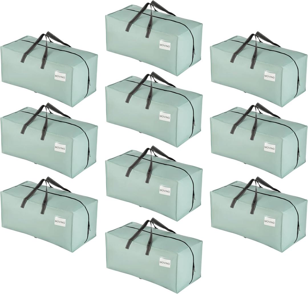 VENO 10 Pack Moving Bags w/Backpack Straps, Heavy Duty, Moving Boxes Alternative, Packing Supplies, Large Storage Totes for Dorm Room Essentials with Zipper for Clothes (Light Green Matte, 10 Pack)