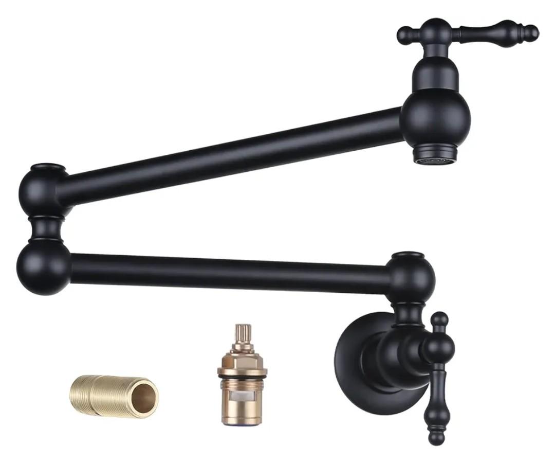 WHSHOWER Brass Pot Filler Faucet Wall Mount Commercial Stove Kitchen Folding Faucet with Double Joint Swing Arms,Black