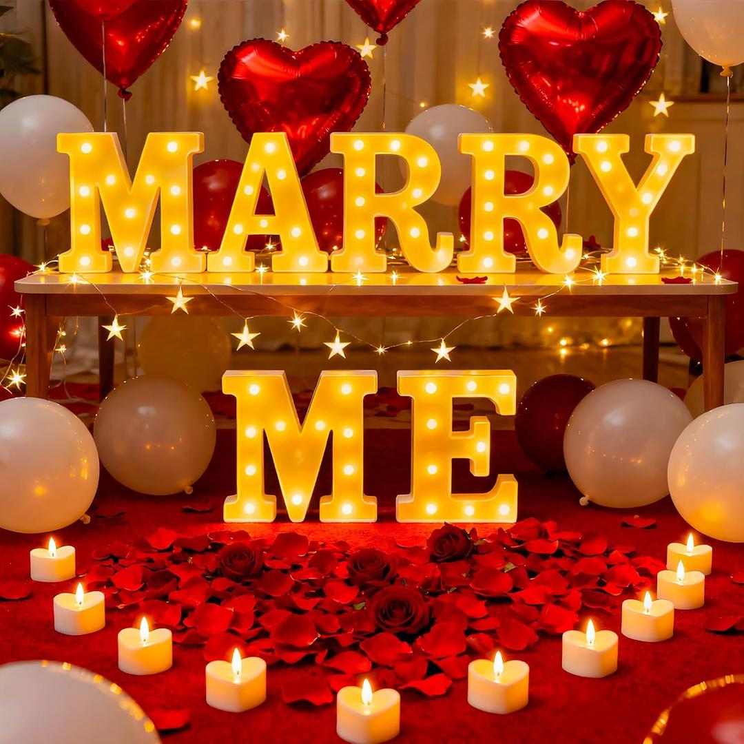Marry Me Light Up Letters, with 30 Tea Lights Candles, Rose Petals, Aluminum Balloons, Balloons, Red Carpet, Rose Ring Box, Double Sided Tape, Valentine's Day Proposal Engagement Wedding Decorations