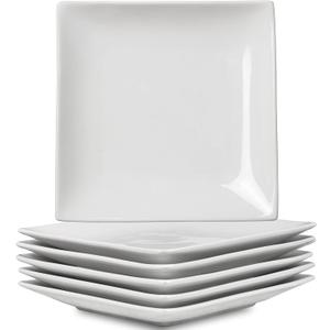 Appetizer Plates Set of 6, 6 Inch Porcelain Dessert Plates, White Stackable Square Salad Plates for Snack Steak Bread Butter, Chip and Scratch Resistant, Microwave and Dishwasher Safe