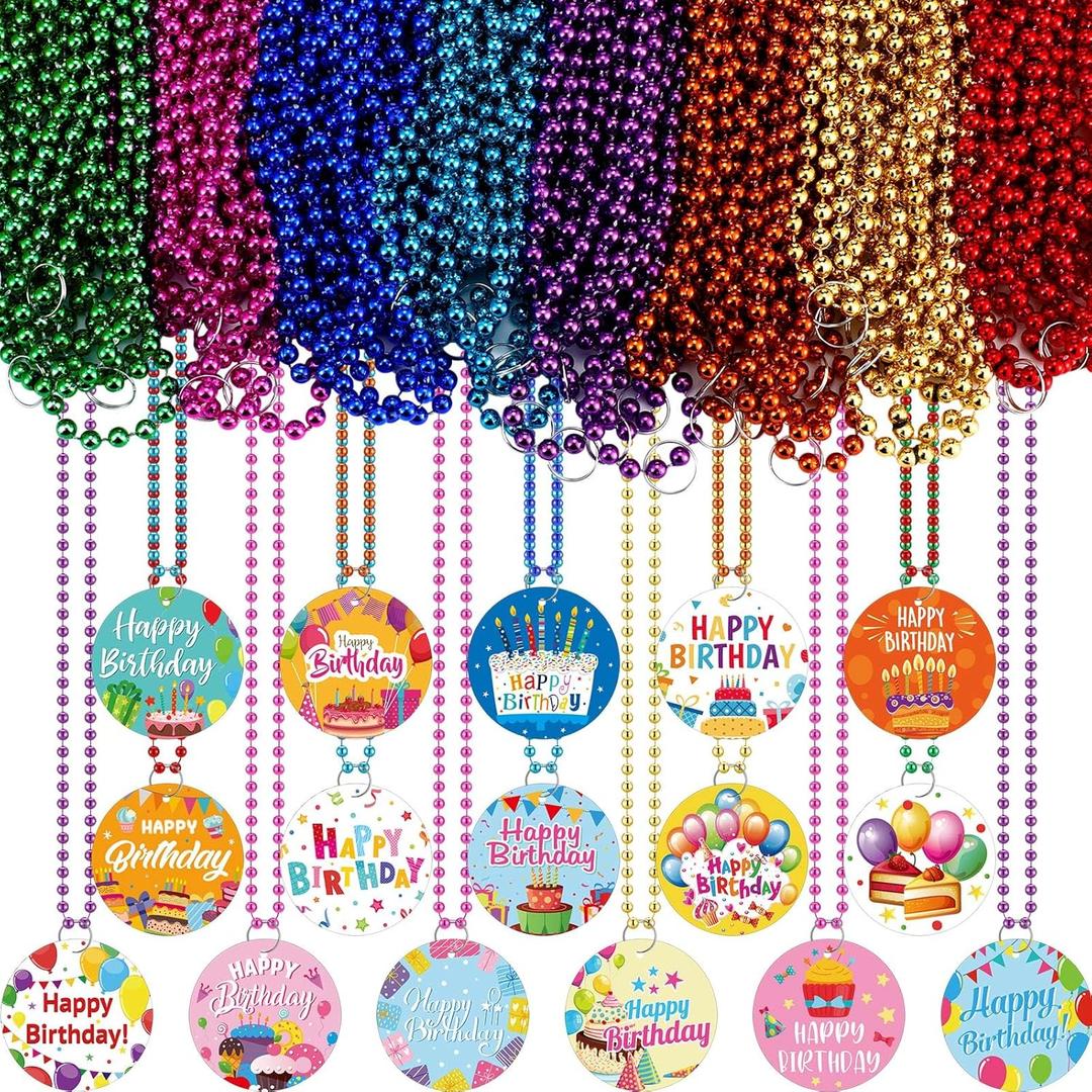 Poen 48 Pcs Happy Birthday Beaded Necklaces Bulk Metallic Neon Beads Colorful Pendant Medallion Necklaces Adult Birthday Party Favors, 16 Styles