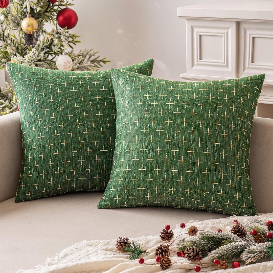 MIULEE Pack of 2 Christmas Decorative Burlap Linen Throw Pillow Covers Modern Farmhouse Pillowcase Rustic Woven Textured Cushion Cover for Sofa Couch Bed 18x18 Inch Christmas Green