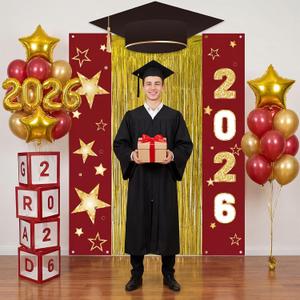 Frienda 9 Pcs 2026 Graduation Party Decoration Include Grad Box, Class of 2026 Graduation Door Porch Banner with Tinsel Curtain, Grad Photo Backdrop for College School Congrat Party Decoration(Red)