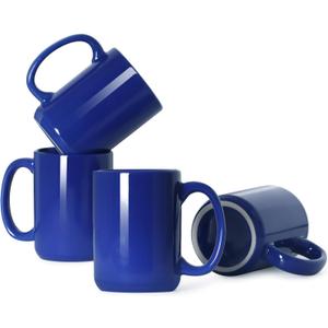 16 OZ Porcelain Coffee Mugs, Classic Blank Ceramic Cup with Large Handle for Tea Latte Cappuccino, Set of 4, Blue