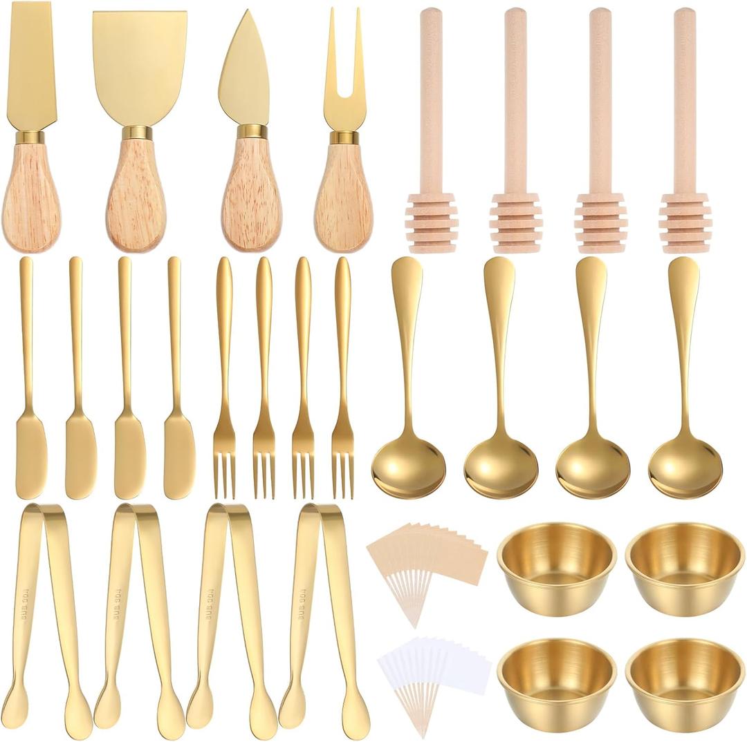 48Pcs Charcuterie Boards Accessories Gold Charcuterie Utensils Butter Spreader Knives Set Stainless Steel Cheese Mini Serving Tongs Spoons Forks Dipping Bowls Toothpick Flags Utensil for Pastry Making