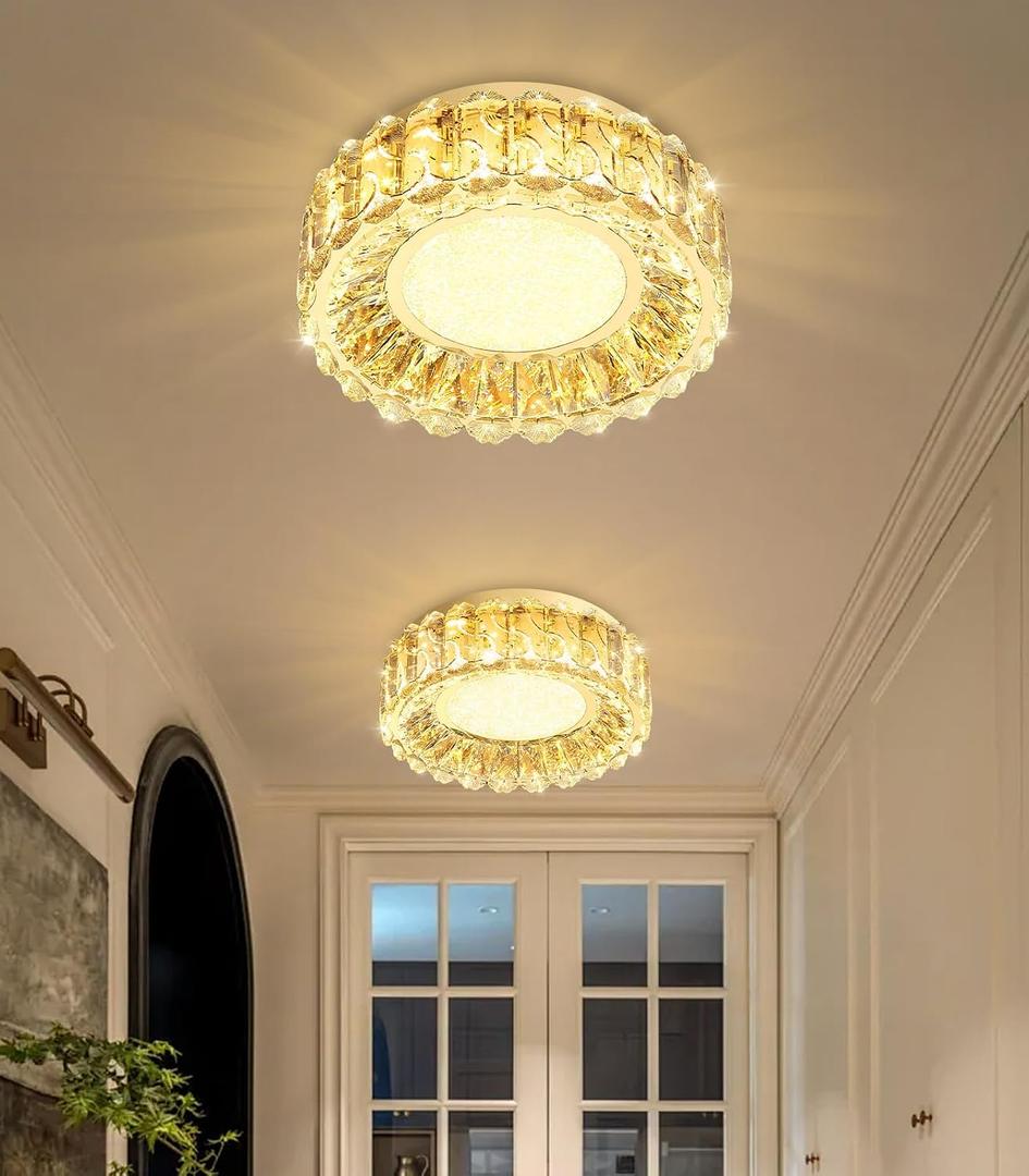 12 Inch Dimmable Crystal Chandelier Modern LED Flush Mount Ceiling Light Fixtures for Bedroom Hallway Staircase Gold