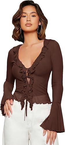 GORGLITTER Women's Sheer Mesh Tops Long Bell Sleeve Tie Front Vintage Ruffle Blouse Shirt M