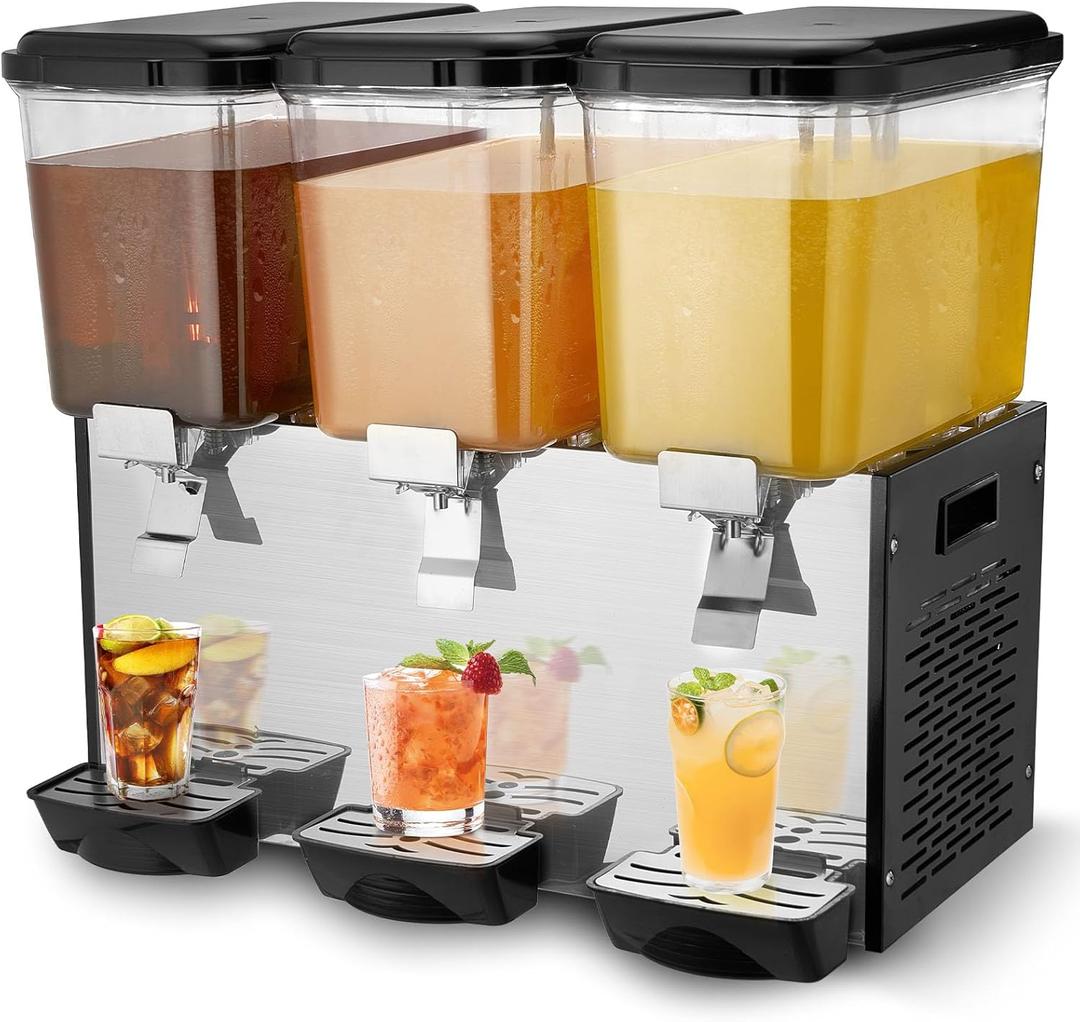 VEVOR Commercial Beverage Dispenser, 3 Tanks 18 L / 19 QT Per Tank Juice Dispenser, 512W Stainless Steel Ice Tea Drink Machine with 45F-54F Cooling Temperature, for Cold Drink Restaurant Bar Party