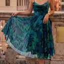 CHICME Womens Floral Mesh Midi Dress 2026 Summer Cowl Neck Adjustable Strap A Line Cinched Zipper Back Cocktail Party Dress (Blue, L)