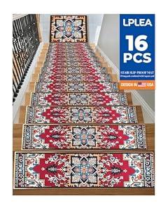 Non-Slip Stair Tread Set for Wood Steps 16PCS - 15PCS 8"X 30" + 1PCS 30"X 30" Washable Stain Resistant Stair Carpet, Indoor Safety Stair Mat for Elderly, Dogs & Pets