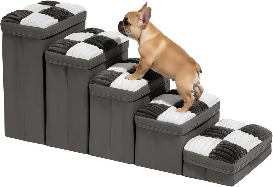 Dog Stairs with Storage, 5-Step Chessboard Plaid Handcrafted Dog Steps for Small Medium Dogs Cats, Folding Sturdy Pet Stairs Climbing Bed or Sofa, Grey (39"×13.4"×20.5")