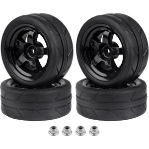 Pre-Glued OD 2.55" 12mm Hex Wheels Rims and Rubber Tires for Traxxas Tamiya HPI HSP Redcat RC 1/10 On Road Racing Car, Set of 4 (Color C)