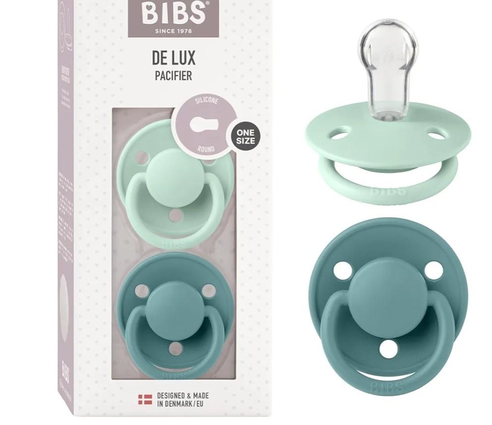 BIBS De Lux Baby Pacifier 2-Pack | Made in Denmark | BPA Free Dummy Soother, Round Nipple. Silicone, OneSize (0-36 Months), Nordic Mint/Island Sea