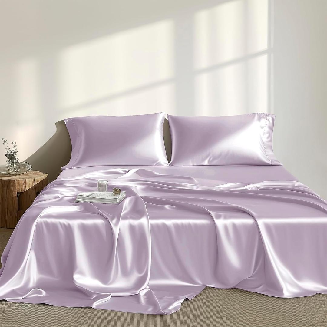 Madison Park Satin Sheets Twin Size, Luxurious Silky Bed Sheets, Elastic 14" Pocket fits up to 16" Mattress, Wrinkle-Free, Soft Satin Bed Sheet Set, Lilac 4 Piece
