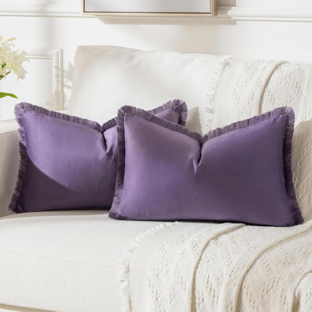 FUTEI Eggplant Purple Velvet Decorative Throw Pillow Covers 12x20 Set of 2,Soft Cozy Edge with Tassels Lumbar Pillow Cases,Boho Modern Home Decor for Couch Bed Living Room