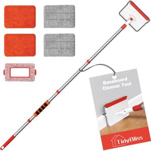 TidyBliss Baseboard Cleaner Tool with Handle, 55.9” Long Wall and Base Board Cleaning Mop, 4 Reusable Pads, 1 Stiff Bristle Scrubber Brush for Floorboard Ceiling Cabinet Window Bathroom Kitchen (Red)
