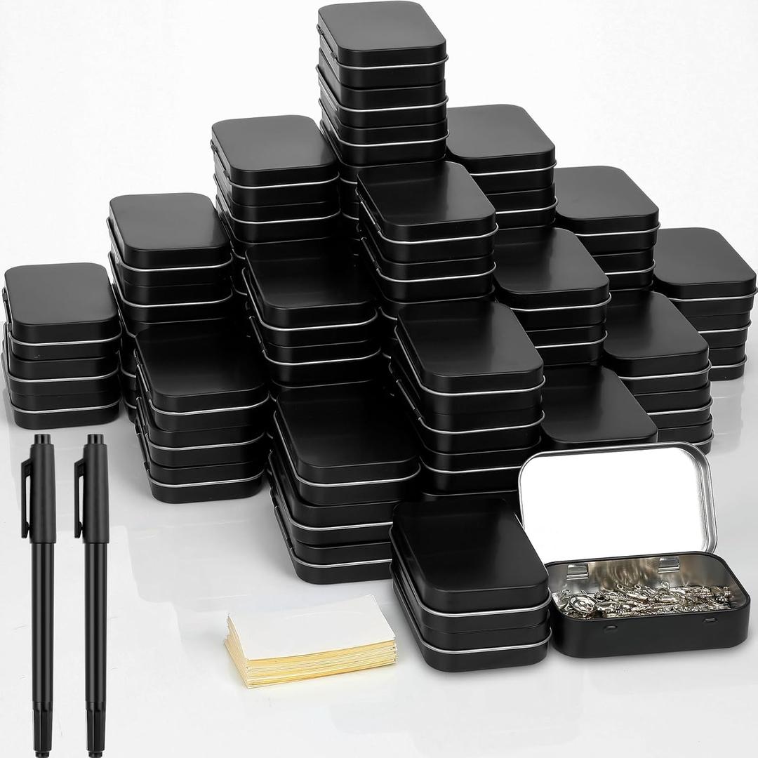 meekoo 162 Pcs Metal Tins Empty Rectangular Storage Container Kit Includes 80 Hinged Tin Box 3.7 x 2.4 x 0.8 Inch Craft Organizers Metal Boxes With Lid 80 Adhesive Tags 2 Black Paint Pens (Black)