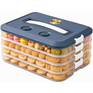 LOEZ 4-Layer Food Storage Container, Stackable Snack Container with Lid, Dumpling Box, Gyoza Container, Cookie Storage Containers, Good Sealing, Time Recoder (Blue)