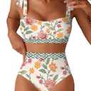 Herseas Women's Tie Shoulder Bikini Sets 2 Piece Striped Swimsuits High Waisted Bathing Suits (Large, Multicolor Floral Geometric)