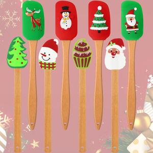 8 Pieces Christmas Silicone Spatula Xmas Spatula with Wooden Handle Holiday Cake Scraper Utensils for Baking Santa Claus Pattern Kitchen Supplies Gifts for Cooking, Stir Butter Cream