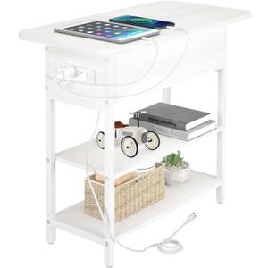 Yoobure End Table with Charging Station, Flip Top Side Table with USB Ports and Outlets, Sofa Couch Table Bedside Table for Living Room Bedroom, Narrow Nightstand with Storage Shelves for Small Spaces (White)