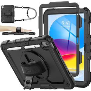 SEYMAC stock Case for iPad (A16) 11th/10th Generation 11''/10.9'' 2025/2022, Full-Body Drop Protection Case with Screen Protector &360° Rotate Hand Strap/Stand, Black