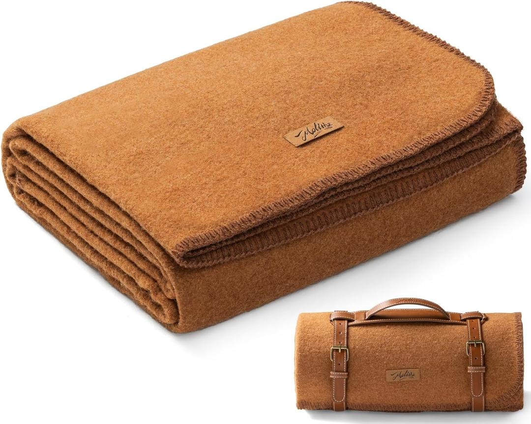 Molithe 100% Wool Blanket, 48" x 62", Warm, Thick, Washable, Military Wool Blanket, Great for Camping, Outdoors, Sporting Events, Survival Kits, Dark Camel (Medium)