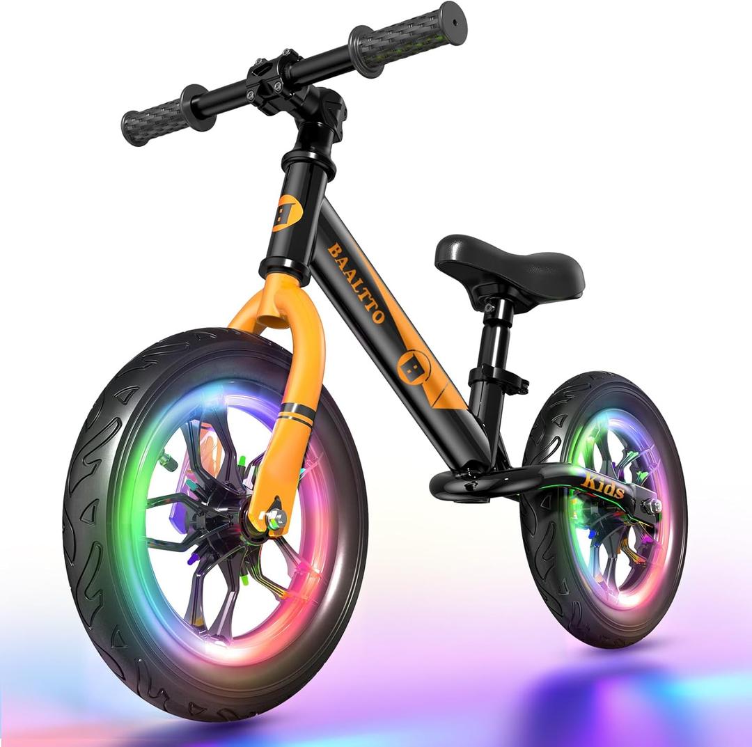 Balance Bike Rubber Tires, Metallic Paint, Colorful Lights, Mountain Bike Handlebars, and Integrated Stand - 12-Inch Wheel, Suitable for Boys and Girls Ages 2-7(Black)