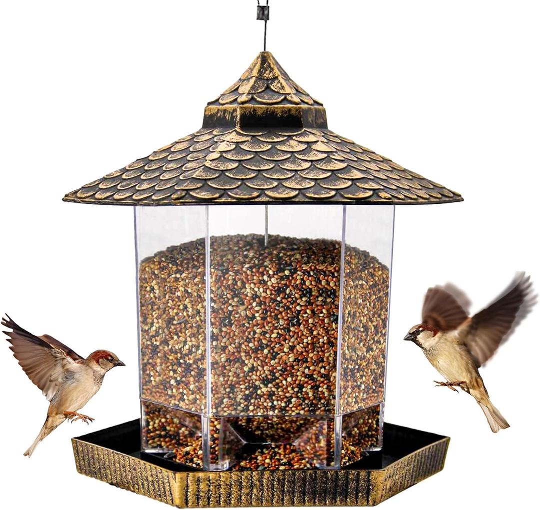 Twinkle Star Wild Bird Feeder Hanging for Garden Yard Outside Decoration, Hexagon Shaped with Roof (7.9 x 7.9 x 8.7 inches, *Bronze)