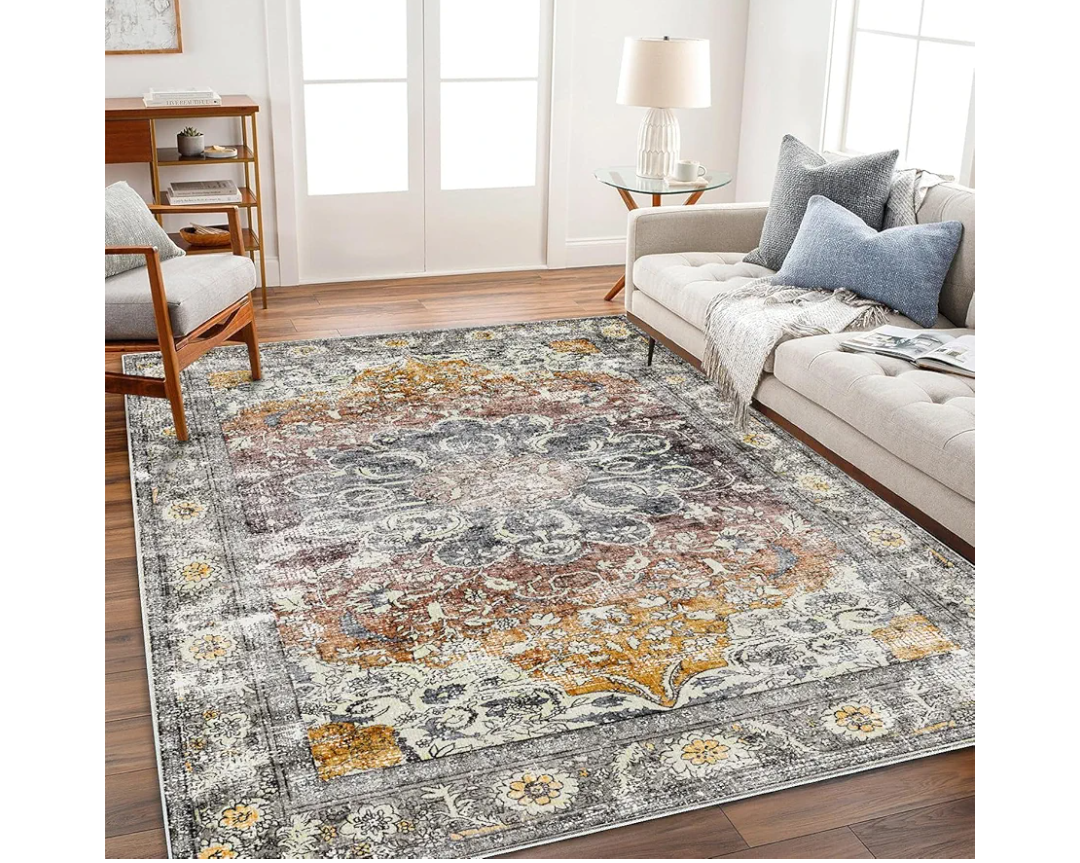 Area Rug 6x9 Washable Rug Brown Grey Vintage Traditional Distressed Thin Retro Kitchen Indoor Floor Cover Non Slip Carpet Floral Print Mat Living Room Bedroom Dining Room