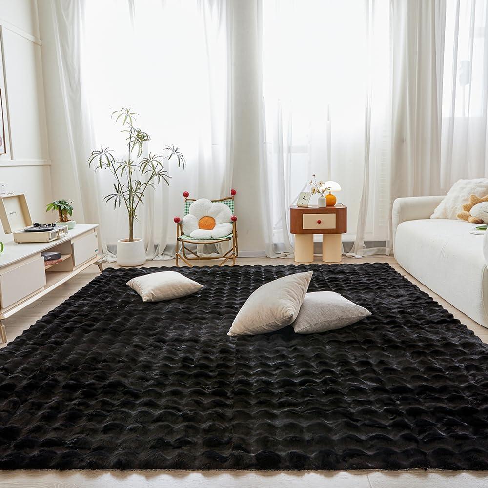 Black Rabbit Plush Rug 8'x10', Fluffy Faux Fur Shaggy Area Rug for Nursery, Kids Room Decor, Soft Fuzzy Carpet for Living Room, Bedroom, Teen Girls Room