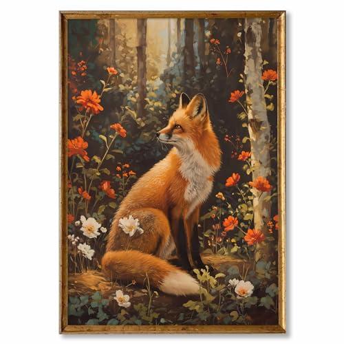 Abstract Fox Wall Art Orange Fox Canvas Painting Gothic Animal Prints Cute Fox Poster Gothic Forest Painting Wild Animal Pictures Fox Artwork Animals And Flower Canvas Fox Art Decor 16x24inch No Frame