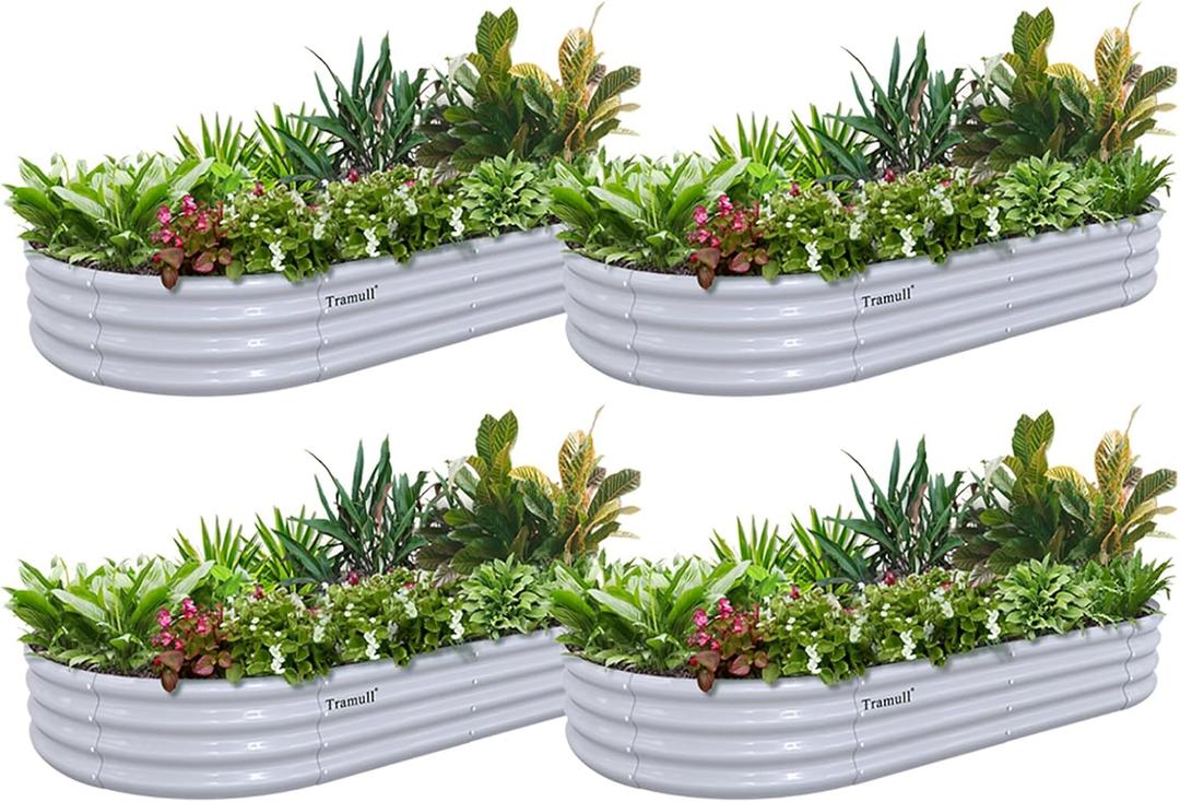 4 Pack 6x3x1FT Galvanized Raised Garden Bed Kit Oval Metal Ground Planter Box Outdoor Bottomless Planter Raised Beds for Vegetables Flowers Herbs Fruits, Gray