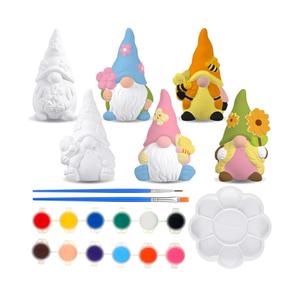 Poen 6 Sets Ready to Paint Your Own Ceramic Gnome Statues Spring DIY Unpainted Ceramics Gnome Figurines Kit Spring Crafts Gifts Drawing Figurines DIY Art and Craft with Brush Palette Paint for Adult
