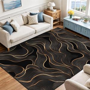 8x10 Area Rug Black Gold Modern Rug for Living Room Indoor Machine Washable Abstract Rugs for Bedroom Ultra Soft Dining Room Large Carpet Non-Slip Non-Shedding Throw Rug for Home Office