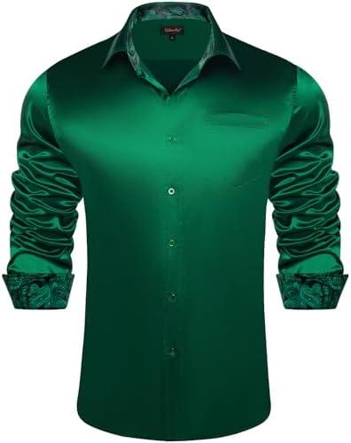 DiBanGu Mens Satin Dress Shirts Casual Long Sleeve Button Down Shirt Regular Fit Wrinkle Free Shiny Shirts for Men Party Prom, Emerald Green, Medium