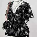 Women's Plus Size Boho Graphic Blouse Shirt Bow Tie Knot Half Sleeve Ruffle Hippie Peplum Tops (Black, L)