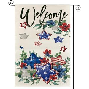 Pack of 2 Independence Day Five-Pointed Star Flower Garden Flag 12x18inch, Holiday Summer Welcome Double-Side Burlap Yard Flag for 4th of July Outside Decoration