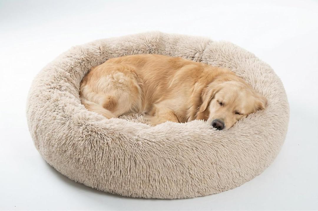 36 inches Calming Donut Dog Bed - 3X Durable Plush Faux Fur, Machine Washable & Non-Slip, Fits up to 100 lbs, Beige