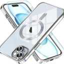 Misea Magnetic for iPhone 15 Case Compatible with MagSafe [Never Yellowing] [Military Grade Drop Protection] Full Camera Lens Protector Plating Soft Clear Phone Case for Women, Silver