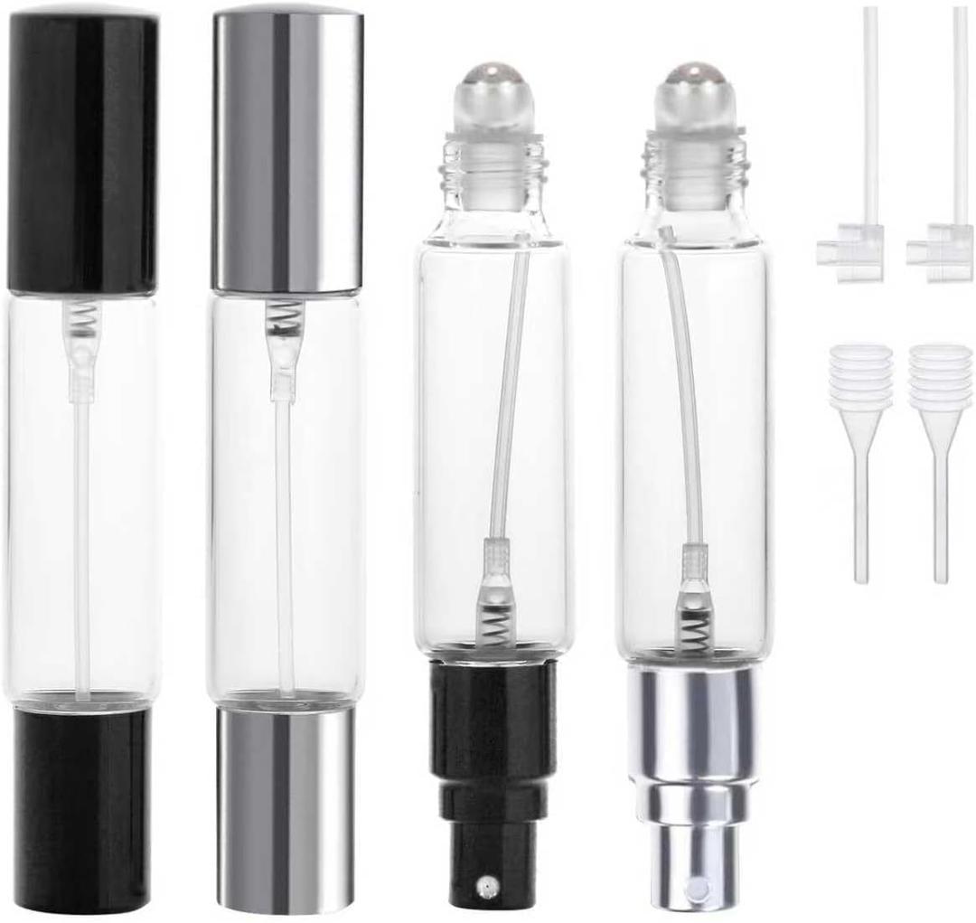 YOCASII 4PCS Dual-Head Travel Perfume Bottle with Spray & Roller Balls for Essential Oils, 10ml Glass Perfume Travel Refillable Bottles and Roll on Bottles for Facial Care with Funnel Tool (Black + Silver(B))