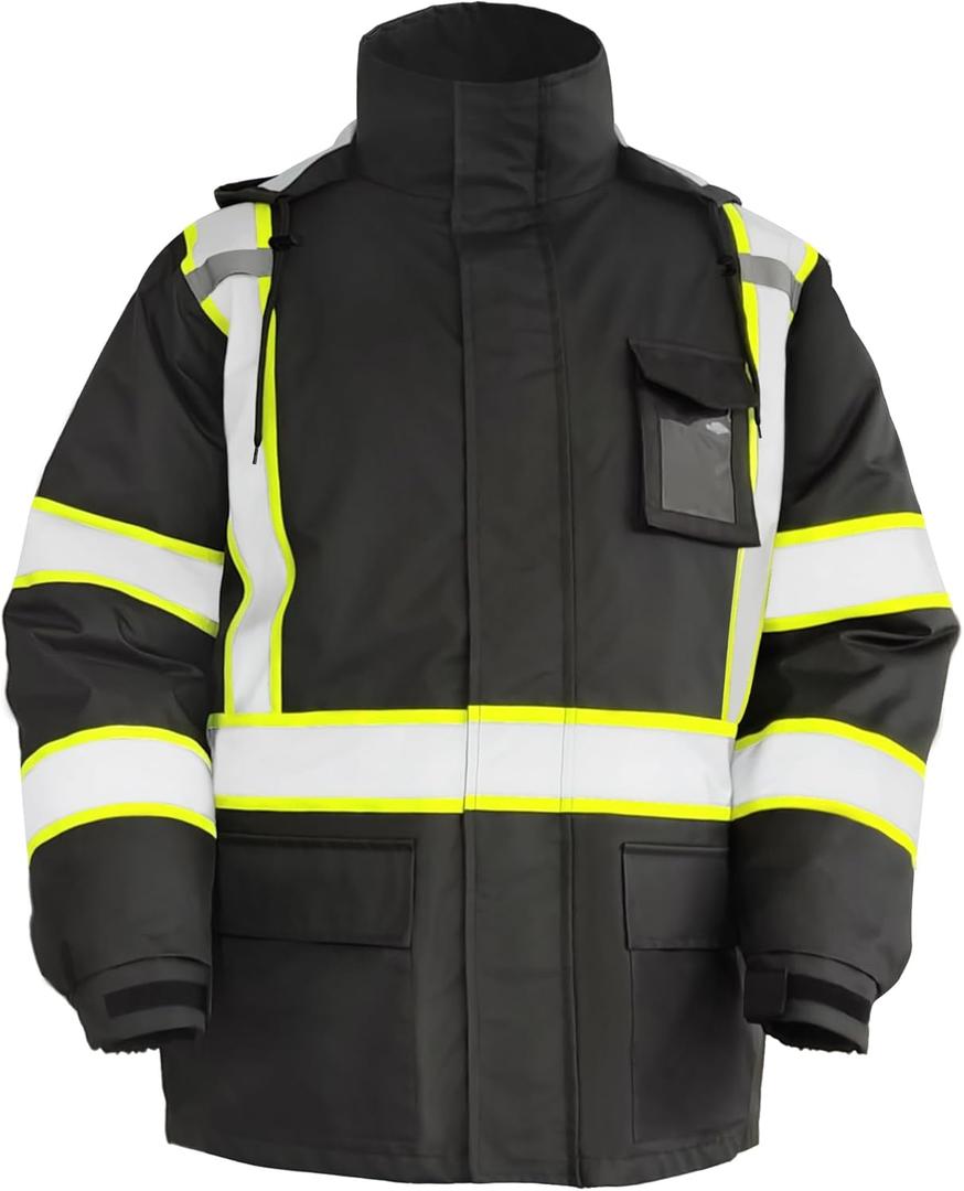 FATONE Hi Vis Rain Jacket for Men Lightweight Reflective Safety Rain Gear Waterproof with Hood, Class 3 Work Raincoat ANSI/ISEA Tested Black S/M