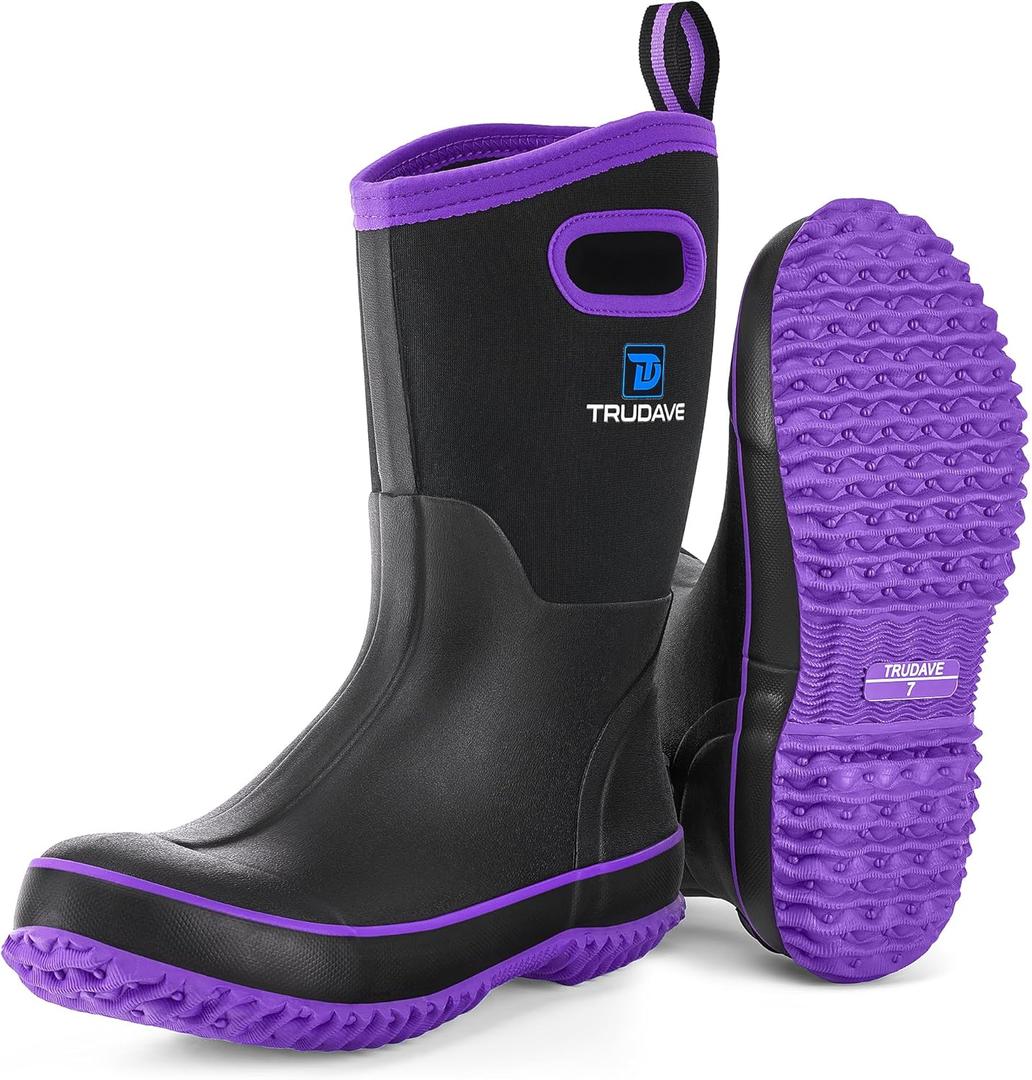 Trudave Rubber Boots for Women, Mid Calf Rain Boots, Womens Waterproof Boots, Neoprene Insulated Outdoor Work Mud Boots for Hunting Farming Gardening Fishing, Size: 8 (Purple)